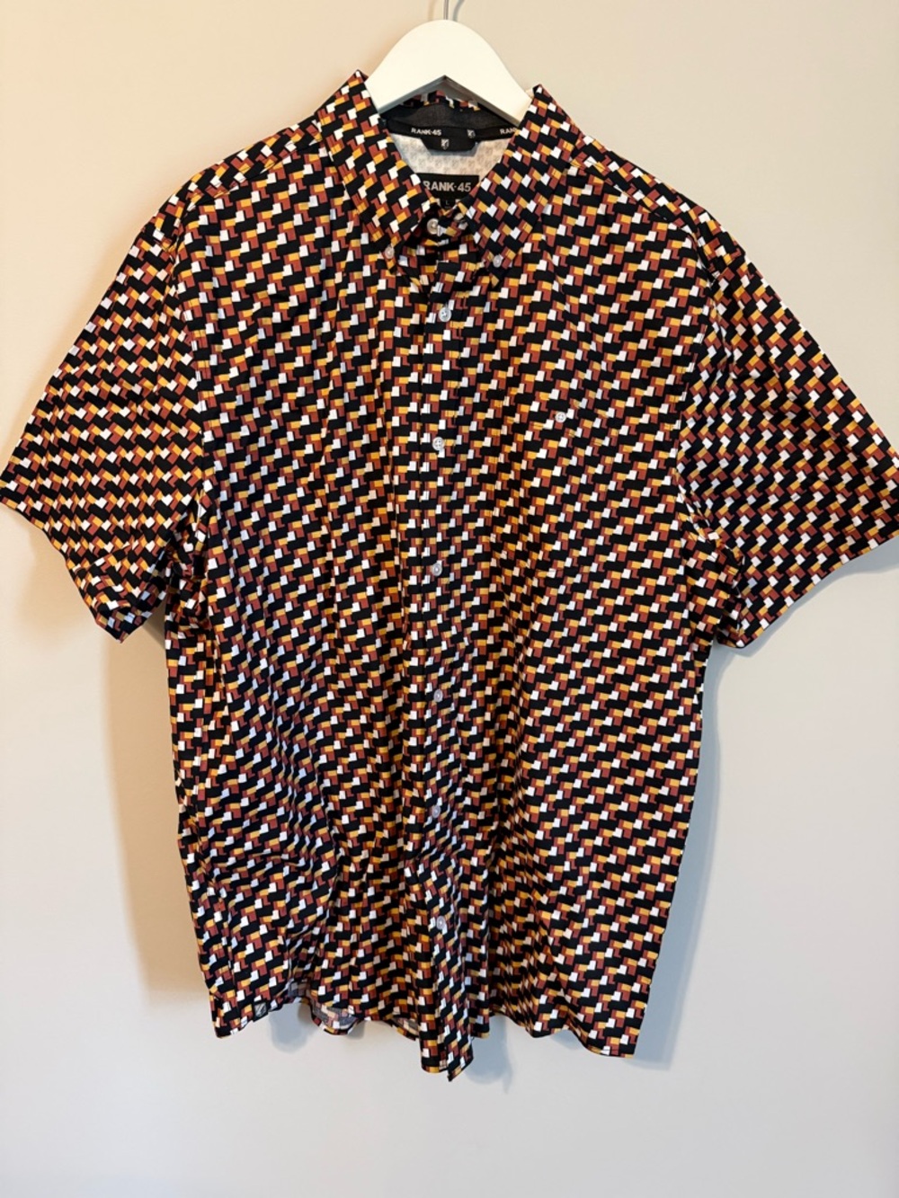Frank 45 Short Sleeve Geometric Button-Down Shirt in Black & Orange